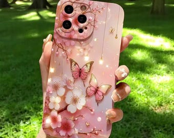 Funda para iPhone con diseño floral de mariposas / Carcasa mate a prueba de golpes / iPhone 11-16 Pro Max