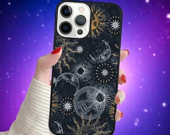 Funda para iPhone con diseño de Sol y Luna: Impresión de arte celestial, cubierta protectora de PC y TPU