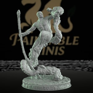 May include: A grey, 3D-printed miniature of a humanoid figure in a dynamic pose, holding a staff and a swirling mass. The figure is on a decorative base, with the words "PAINTABLE MINIS" visible in the background.