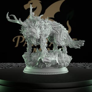 May include: A detailed, light gray wolf sculpture with intricate textures, including antler-like features and foliage-like patterns. The wolf is posed on a rocky base, showcasing a fierce expression. The sculpture is on a black surface.