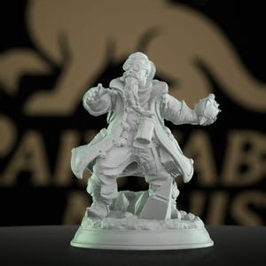 May include: A detailed, unpainted miniature figure of a bearded character in a long coat, holding two spherical objects. The figure stands on a rocky base, with intricate details on the clothing and accessories.