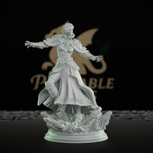 May include: A detailed, white figurine of a woman in a flowing gown and armor, posed with outstretched arms. The figure stands on a rocky base. The background is black with a gold dragon logo and the word "POSSIBLE".