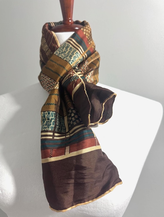 Vintage Echo Silk Scarf - Brown Patchwork Woven P… - image 1