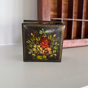 Vintage Russian Lacquer Box – Hand-Painted Floral Square Trinket Box – Signed by Artist