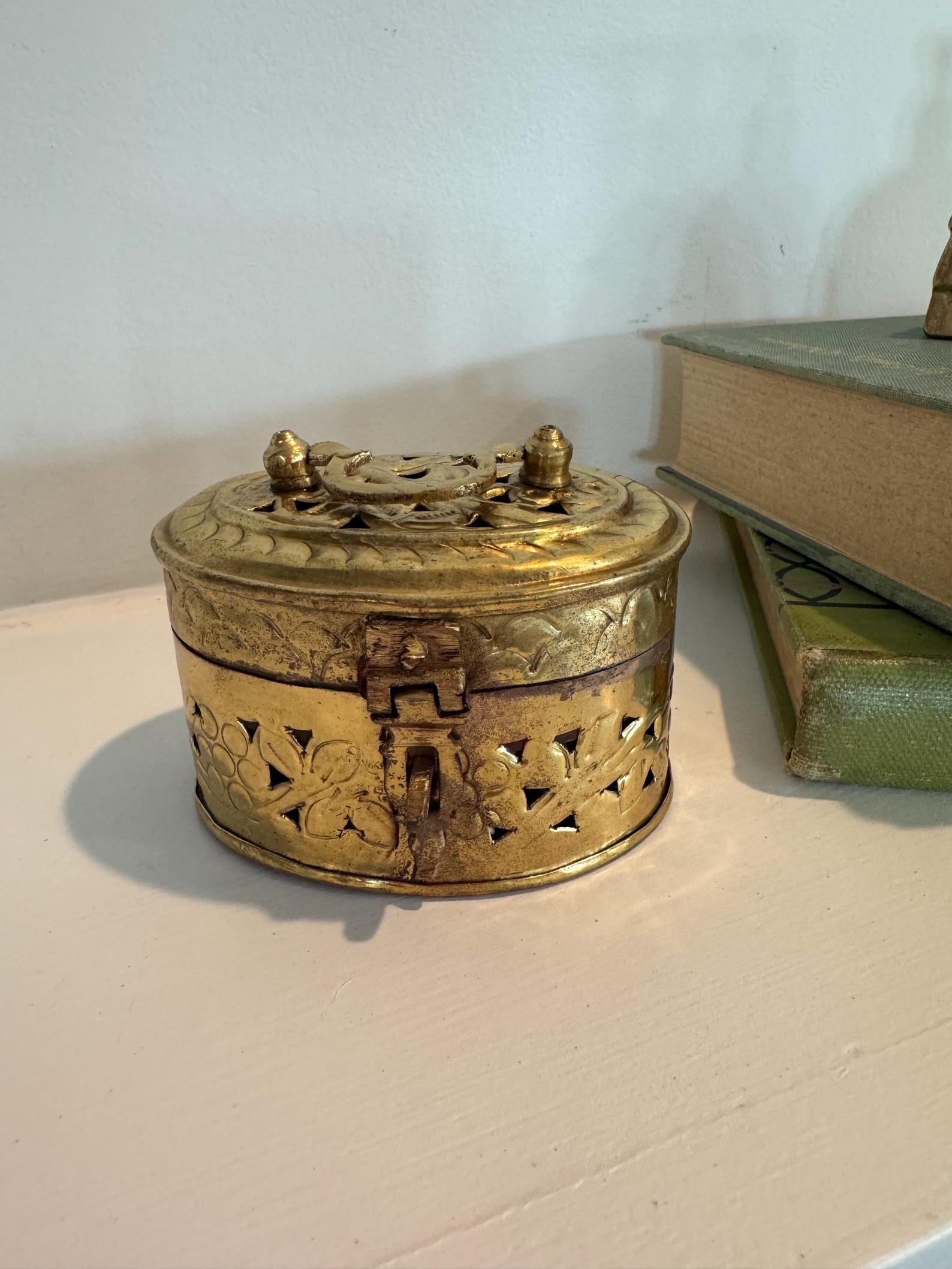 Vintage Brass Trinket Box With Handle: Pierced Etched Floral Jewelry ...