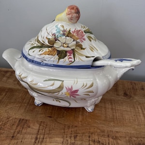 Vintage Italian Ceramic Soup Tureen with Ladle, Hand Painted Floral Serving Bowl