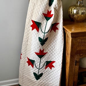 May include: Cream-colored quilt with a repeating floral pattern in red and green. The quilt is draped over a wooden ladder, showcasing its diamond-stitched texture and decorative border. A lamp and wooden cabinet are in the background.