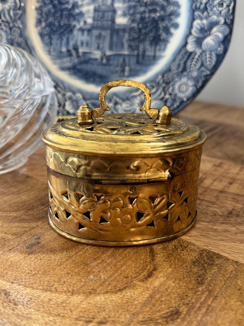 Vintage Brass Trinket Box With Handle: Pierced Etched Floral Jewelry ...