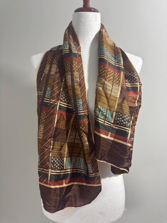 Vintage Echo Silk Scarf - Brown Patchwork Woven P… - image 4