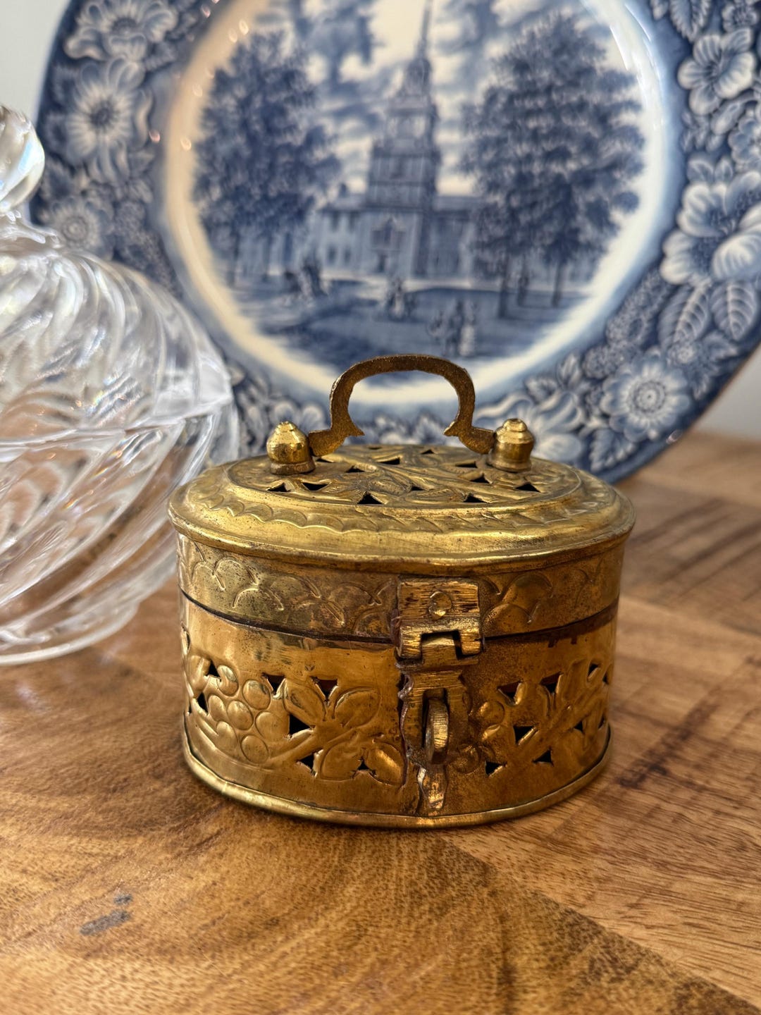 Vintage Brass Trinket Box With Handle: Pierced Etched Floral Jewelry ...