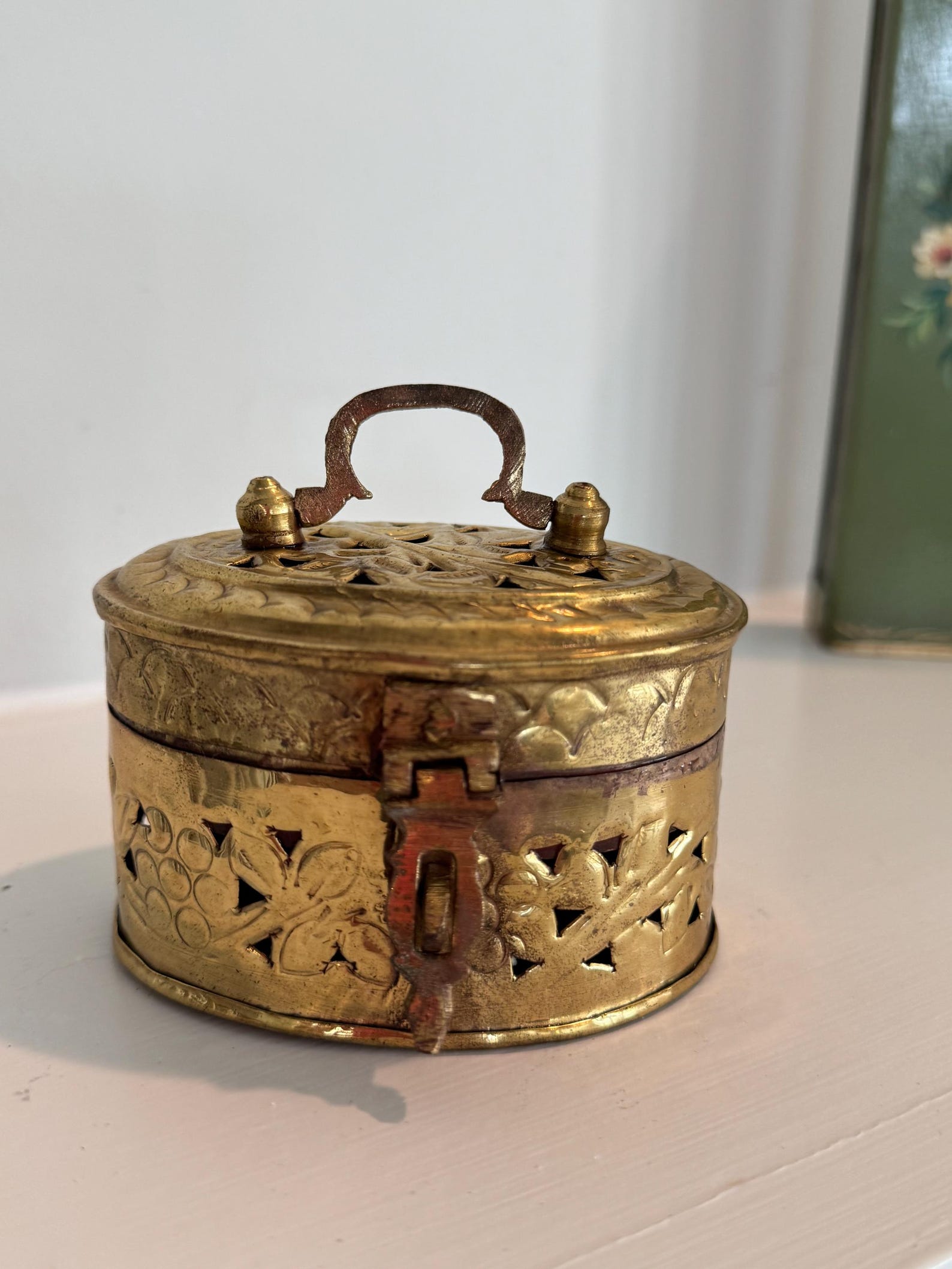 Vintage Brass Trinket Box With Handle: Pierced Etched Floral Jewelry ...