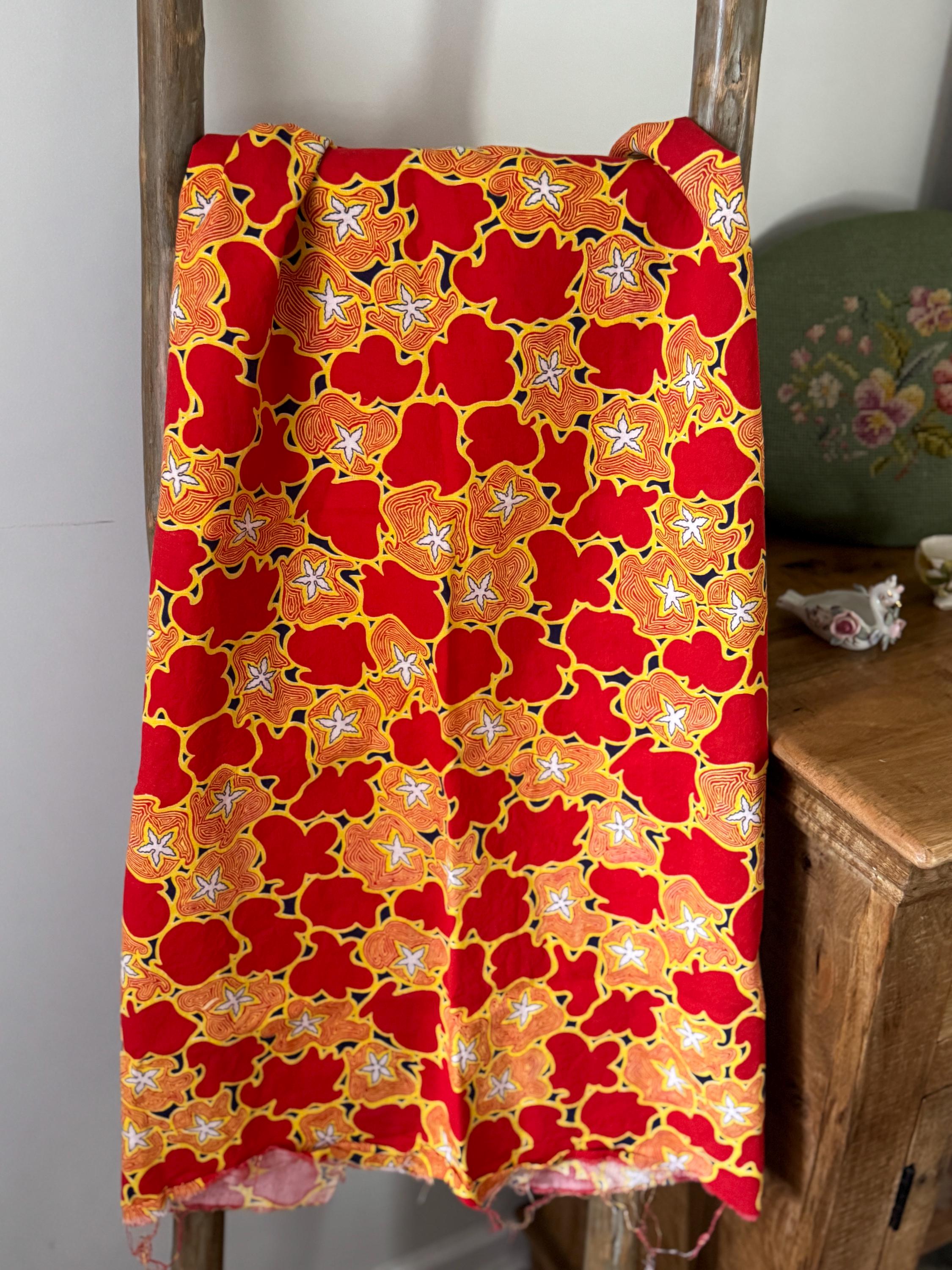 Vintage 70s Cotton Fabric – Bold Red Orange Yellow Floral Print | Abstract Mod Yardage | Retro Sewing Material | Quilt or Craft Fabric