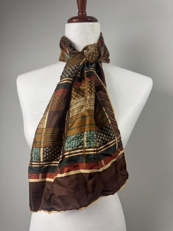 Vintage Echo Silk Scarf - Brown Patchwork Woven P… - image 2