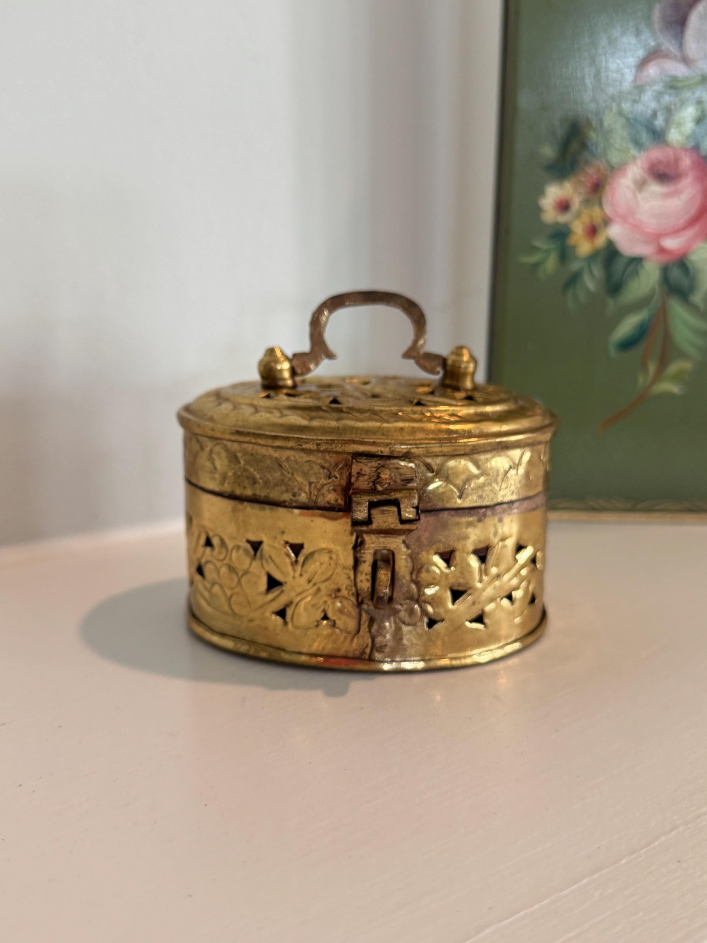 Vintage Brass Trinket Box With Handle: Pierced Etched Floral Jewelry ...