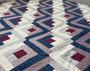 Vintage Log Cabin Quilt – 98x86 Hand-Tied Patchwork Quilt in Burgundy, Navy & Cream – Large Soft Country Quilt – Queen or King Bed Cover