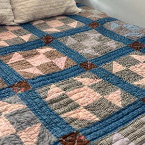 1940s Vintage Churn Dash Quilt | Thick Hand Quilted | Blue Brown Pink | Gingham Back | Rustic Farmhouse Heirloom Bedding