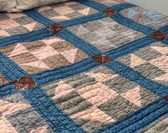 1940s Vintage Churn Dash Quilt | Thick Hand Quilted | Blue Brown Pink | Gingham Back | Rustic Farmhouse Heirloom Bedding