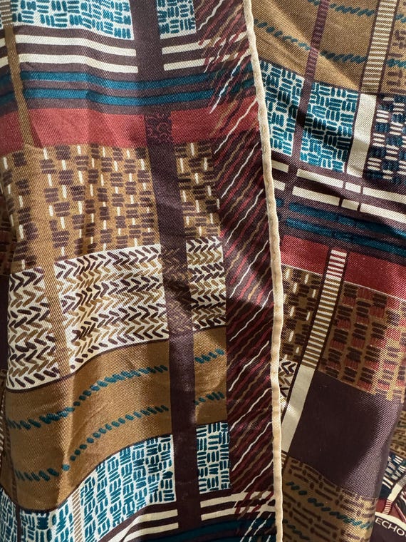 Vintage Echo Silk Scarf - Brown Patchwork Woven P… - image 7