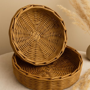 Handmade Wicker Tray Set of 2 | Rustic Round Serving Trays | Decorative Natural Fiber Baskets