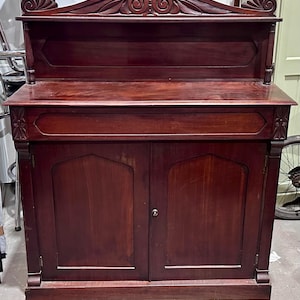 Antique Victorian Mahogany Chiffonier Sideboard | Carved Gothic Cabinet with Key