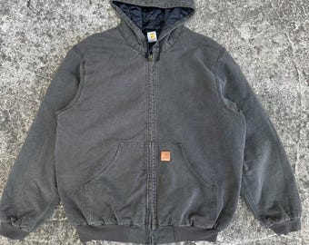 Sudadera con capucha extragrande de lona vintage Carhartt J130: ropa de trabajo resistente, esencial, edición verde musgo oscuro