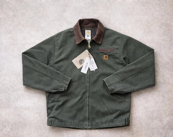 Herwerkt vintage Carhartt Detroit-jack: mosgroene upcycled werkkleding