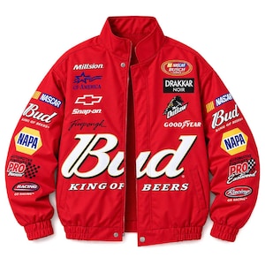 May include: A bright red racing jacket featuring a large white Bud King of Beers logo across the chest. The jacket is covered in various sponsor patches and logos including NASCAR, NAPA, Snap-on, Chevrolet, Drakkar Noir, and Goodyear.