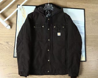 Chaqueta Oltera con capucha Carhartt WIP vintage reelaborada: ropa de trabajo reciclada en negro y marrón oscuro