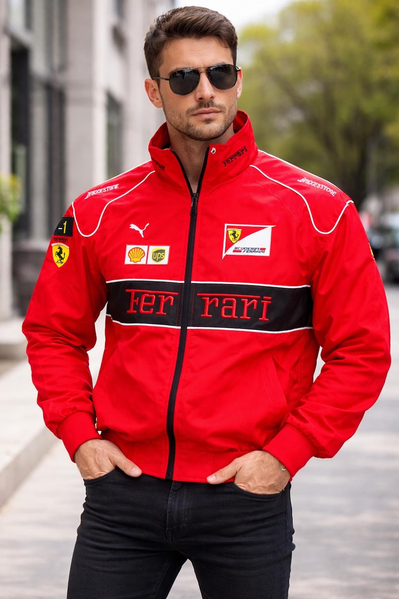 Vintage Ferrari Racing Jacket: F1 Motorsport Red Bomber Streetwear Coat ...