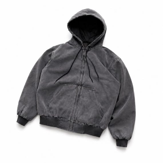 Vintage Jacket Grey: Washed Workwear Hoodie | Distressed Jacket | Streetwear Coat | Unisex