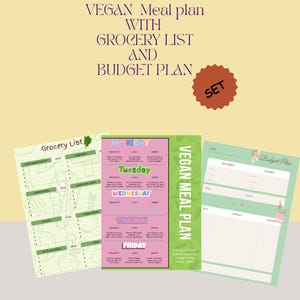 Planificador vegano imprimible, planificador de estilo de vida vegano, planificador de comidas vegano, lista de la compra y registro de recetas, PDF editable de Canva