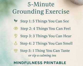 Stop Overthinking in 5 Minutes – Grounding Exercise for Anxiety Relief | Printable 5-4-3-2-1 Worksheet | Instant Download