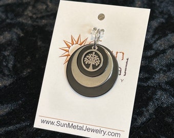 Earth Day silver and black stainless steel tree of life pendant (Style #1509)