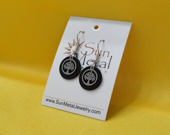 Earth Day silver and black stainless steel tree of life earrings (Style #509)