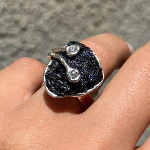 Raw Black Stone Ring with Zircon in Sterling Silver, Wide Band Handmade Ring for Women, Carborundum Statement Ring