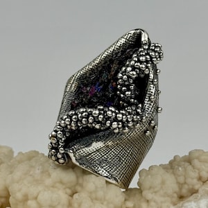 Large Statement Ring with Raw Black Carborundum Stone, Sterling Silver Granulation Textured Ring huge brutalist ring