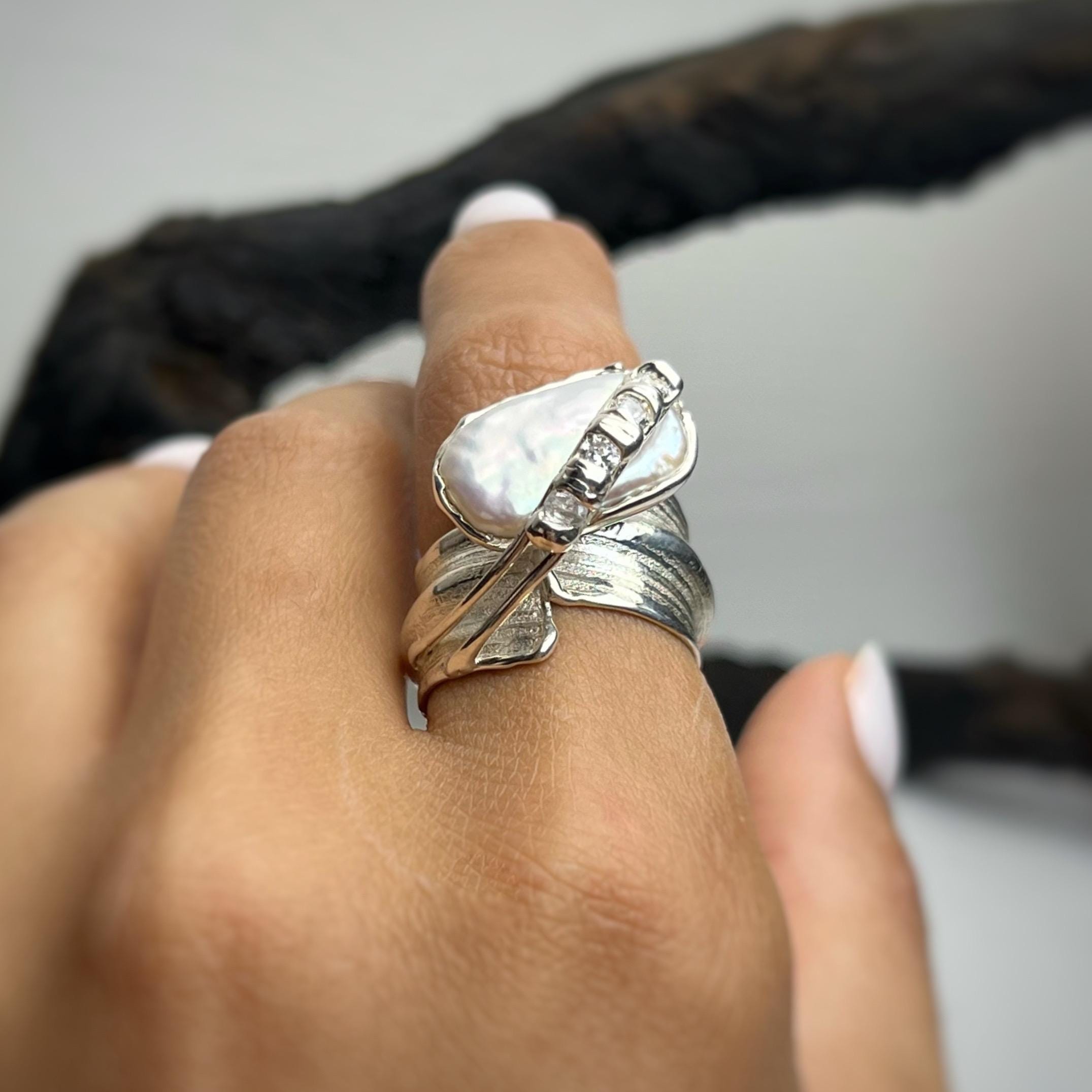 Bague Baroque En Argent Sterling 925 Avec Perle De Culture Et Diamants Pavés - Fait Main - Taille Personnalisable