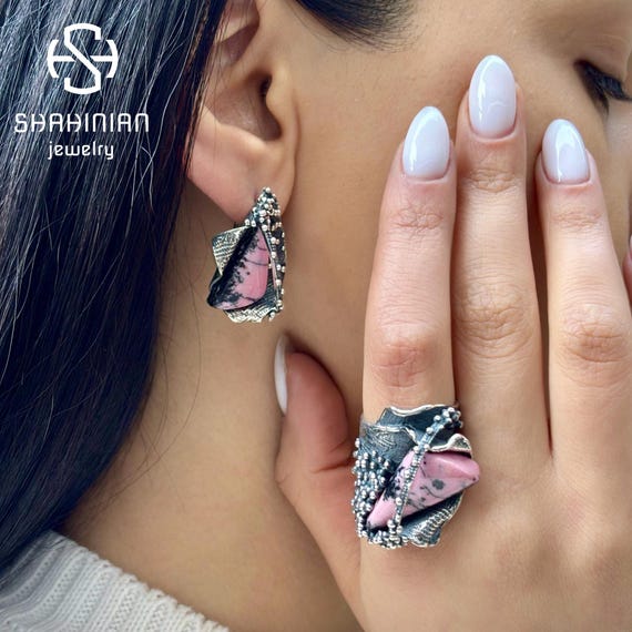 Sterling Silver Triangle Rhodonite Jewelry Set, Granulation Bold Statement Pink Stone Ring and Earrings, Handmade Boho Gift for Women