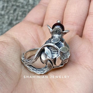 Handcrafted Garnet Statement Ring in Sterling Silver, Unique Botanical Leaf Design Jewelry, Pomegranate fruit lover ring
