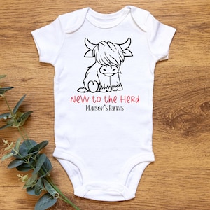 Infant New To The Herd, Personalized Farms, Baby, New Baby, Baby Shower gift, Oneise, Bodysuit, Highland Cow, Baby Boy, Baby Girl