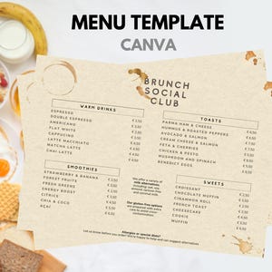 May include: A menu template for a brunch social club with a beige background. The menu lists warm drinks, smoothies, toasts, and sweets with prices in euros. The text "Brunch Social Club" is in a brown box with a white outline. The text "Menu Template Canva" is at the top of the page.