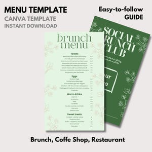 Modèle de menu de restaurant brunch végétarien | PDF modifiable sur toile | Menu de café végétalien et sain | Fleurs vertes imprimables de jardin
