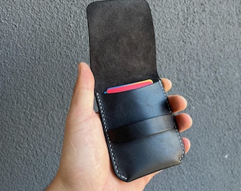 Portefeuille porte-cartes en cuir fait main - Portefeuille en cuir mince minimaliste avec rabat, cadeau personnalisé pour homme