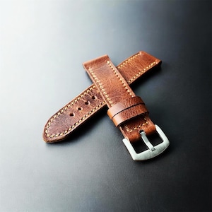 Handmade Full Grain Leather Watch Strap – Vintage Brown Hand Stitched Band (18-24mm)