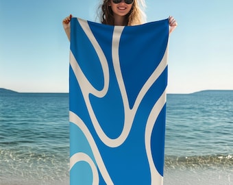Modern Ocean Wave Abstract Beach Towel, Blue and White Curved Stripe Design, Beach Towel