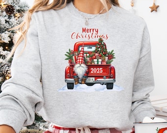 Red Truck and Gnome Christmas Sweatshirt, Festive Gnome & Tree 2025 Pullover
