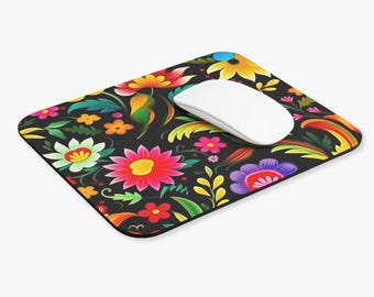 Colorful Mexican Floral Art Mouse Pad, Bright Folk Art Flowers
