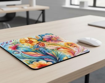 Groovy Whimsical Floral Mouse Pad, Colorful Retro Desk Accessory