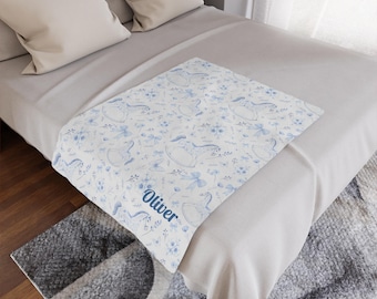 Personalized Blue Rocking Horse Blanket, Chinoiserie Toile Baby Blanket with Custom Name, Soft Baby Throw, Nursery Decor, Baby Shower Gift