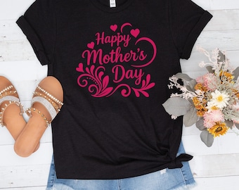 Happy Mothers Day T-Shirt, Heart and Floral Design, Gift for Mom